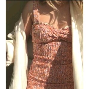 ZARA Dress Ditzy Floral Orange & Lilac Smocked Mini Size XS‎ Bohemian Cotton
